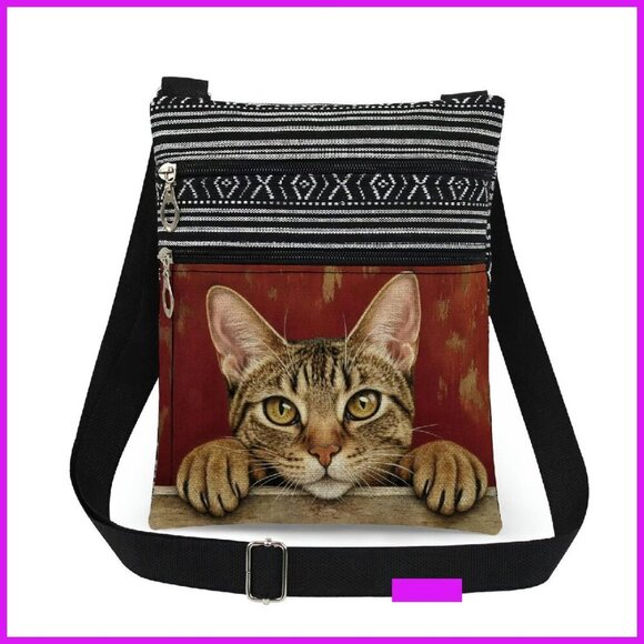 Handbags - Adjustable Strap Crossbody Bag Minimal Chic Cat Print Dual Compartments